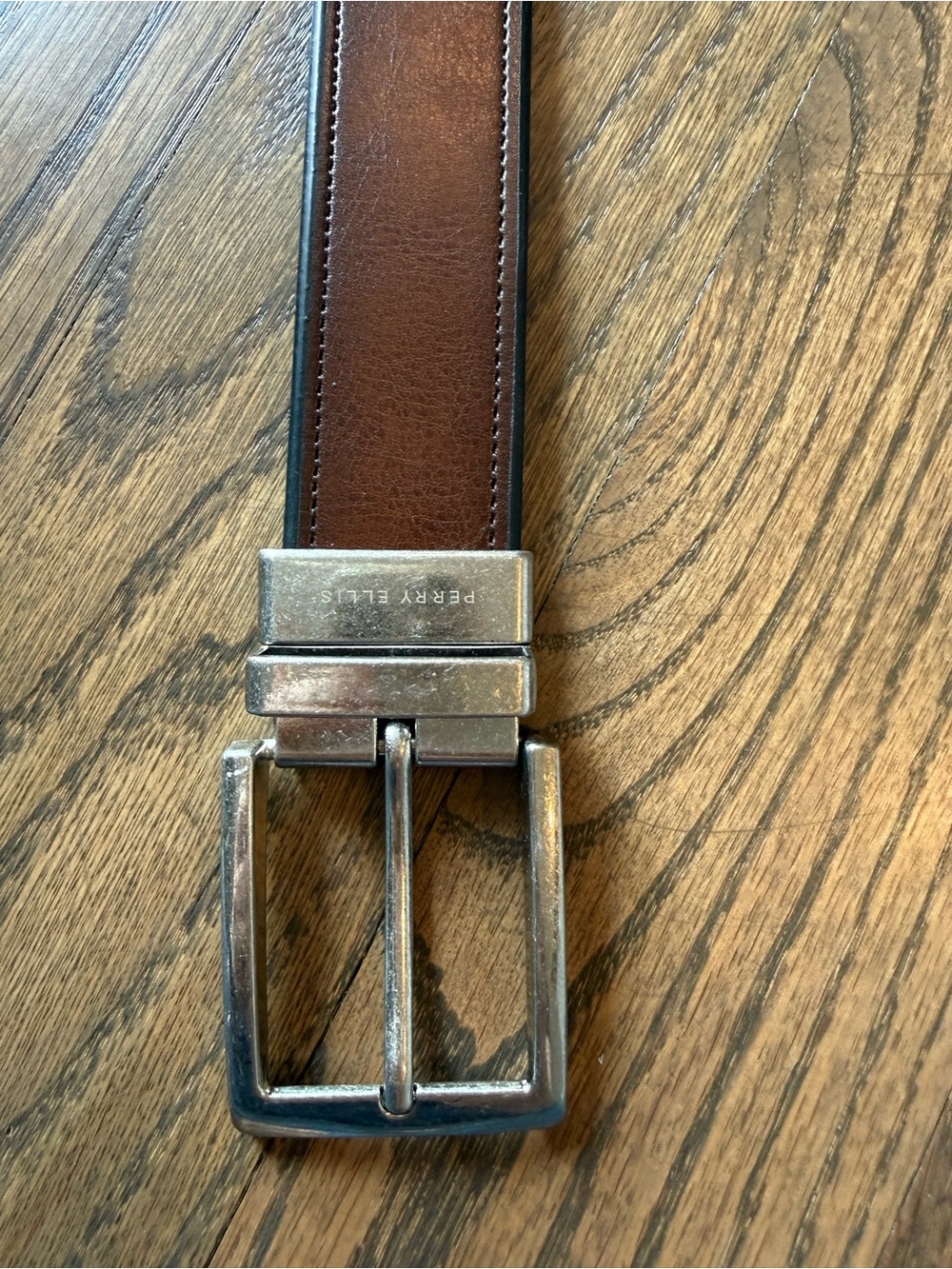 Perry Ellis Men's Brown and burnished edge Leather Belt Silver Buckle size 32